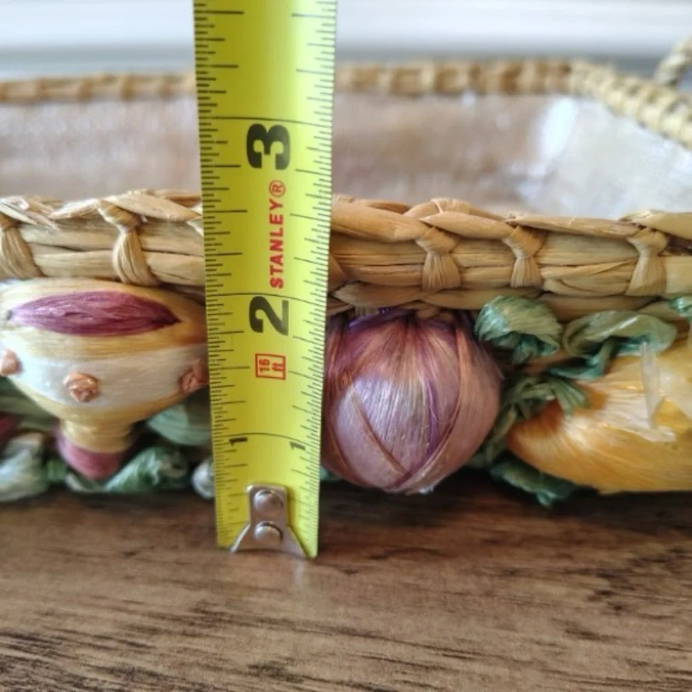 Vtg Woven Raffia Straw Casserole Basket Faux Fruit Vegetables Mushrooms